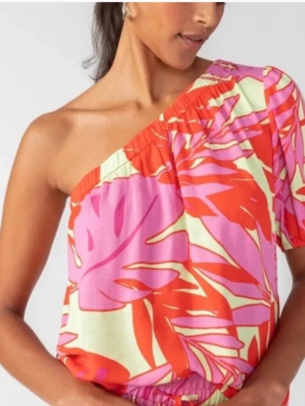 New Sanctuary Evereve One Shoulder Tropical Leaf Rayon Top Linen Like Flowy S